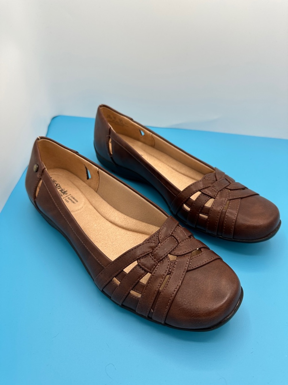 NEW! Life Stride Brown Braided Leather Flats Womens size 9.5 WIDE (new,no box)
